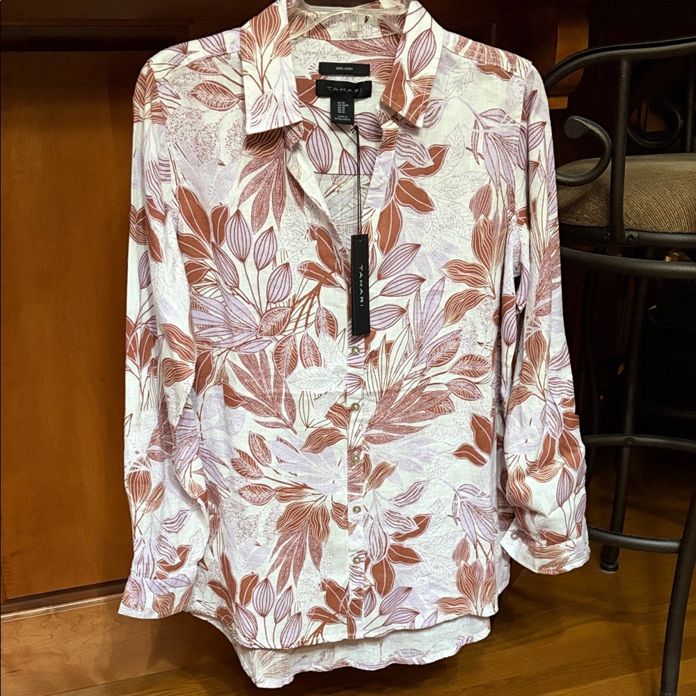 NWT Tahari 100% linen leaf print popover button down tunic blouse